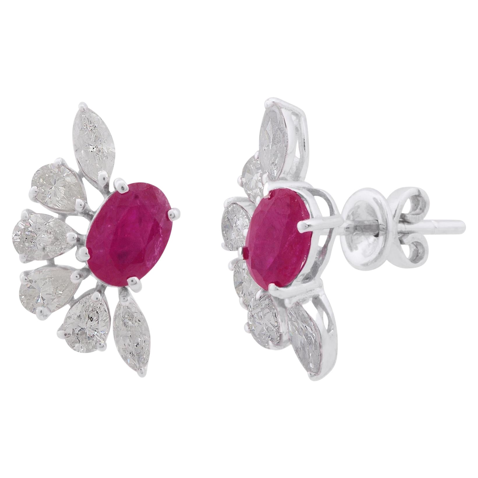 1.50 Carat Oval Ruby Stud Earrings 10k White Gold 1.70 Carat Marquise Diamond