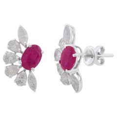 1.50 Carat Oval Ruby Stud Earrings 10k White Gold 1.70 Carat Marquise Diamond