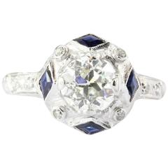 Art Deco Old European Diamond Sapphire Platinum Engagement Ring circa 1925