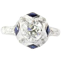 Antique Art Deco Old European Diamond Sapphire Platinum Engagement Ring circa 1925