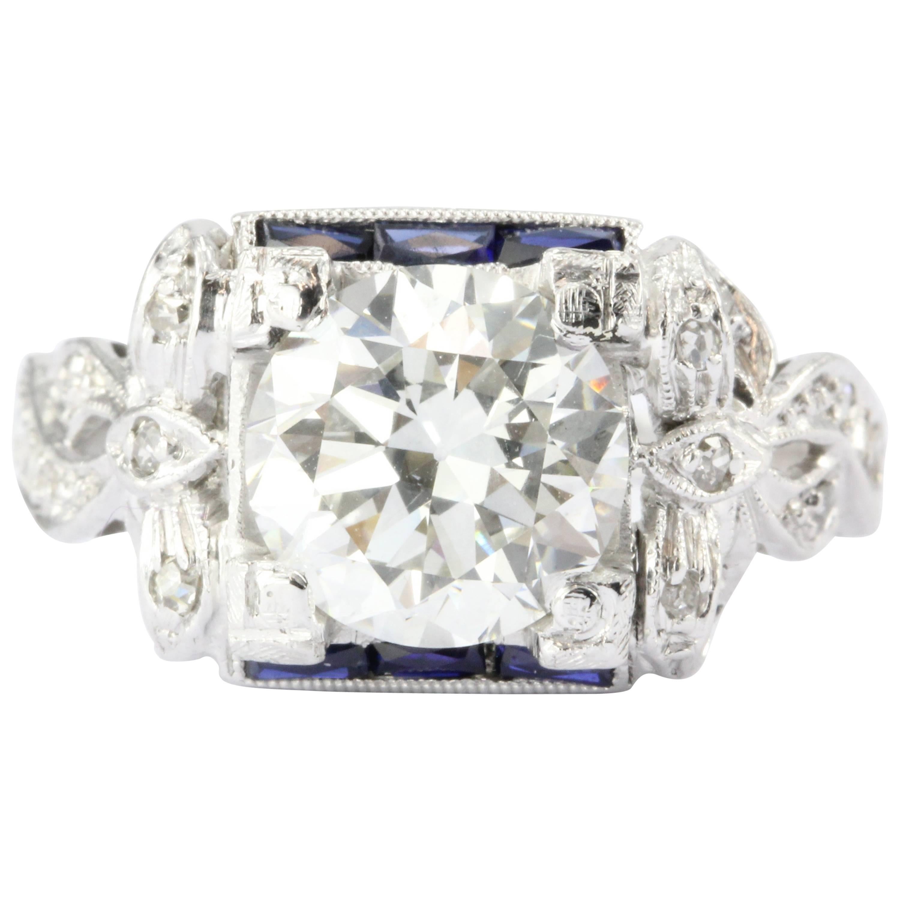 Art Deco GIA 2.09 Carat Diamond Sapphire Platinum Engagement Ring