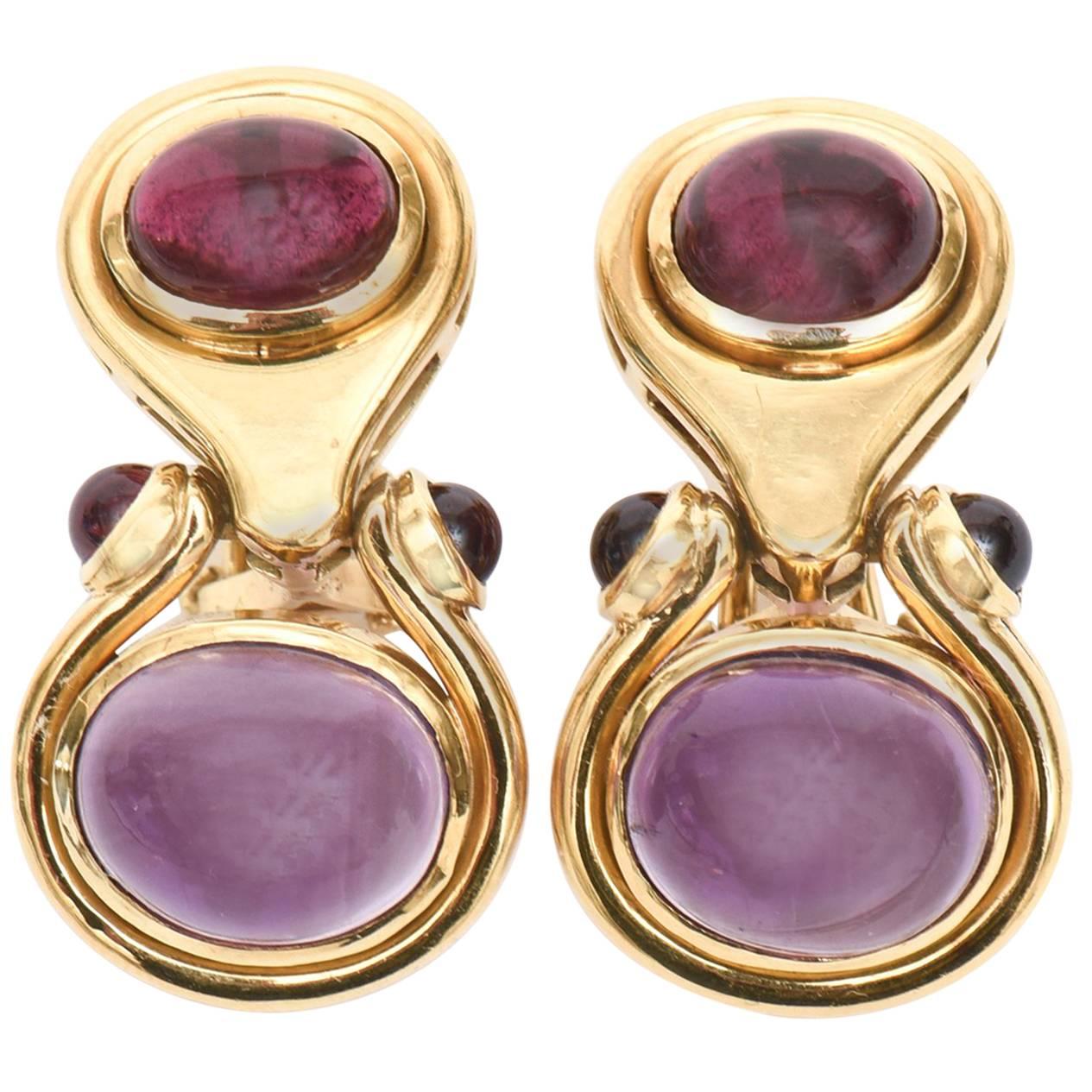 Pair of Cabochon Amethyst &18K Yellow Gold Pierced Lever Back Earrings
