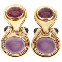 Pair of Cabochon Amethyst &18K Yellow Gold Pierced Lever Back Earrings