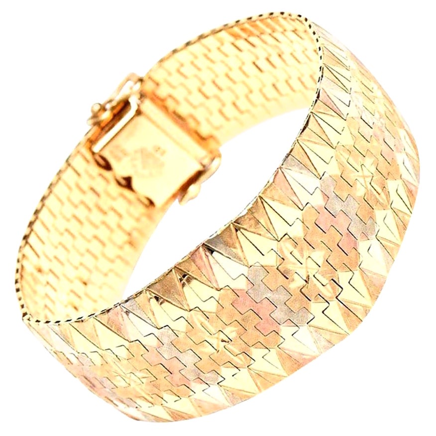 Tri-Color Vintage Signed 18 Karat Gold Diamond Patterned Cuff Bracelet