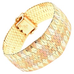 Tri-Color Vintage Signed 18 Karat Gold Diamond Patterned Cuff Bracelet