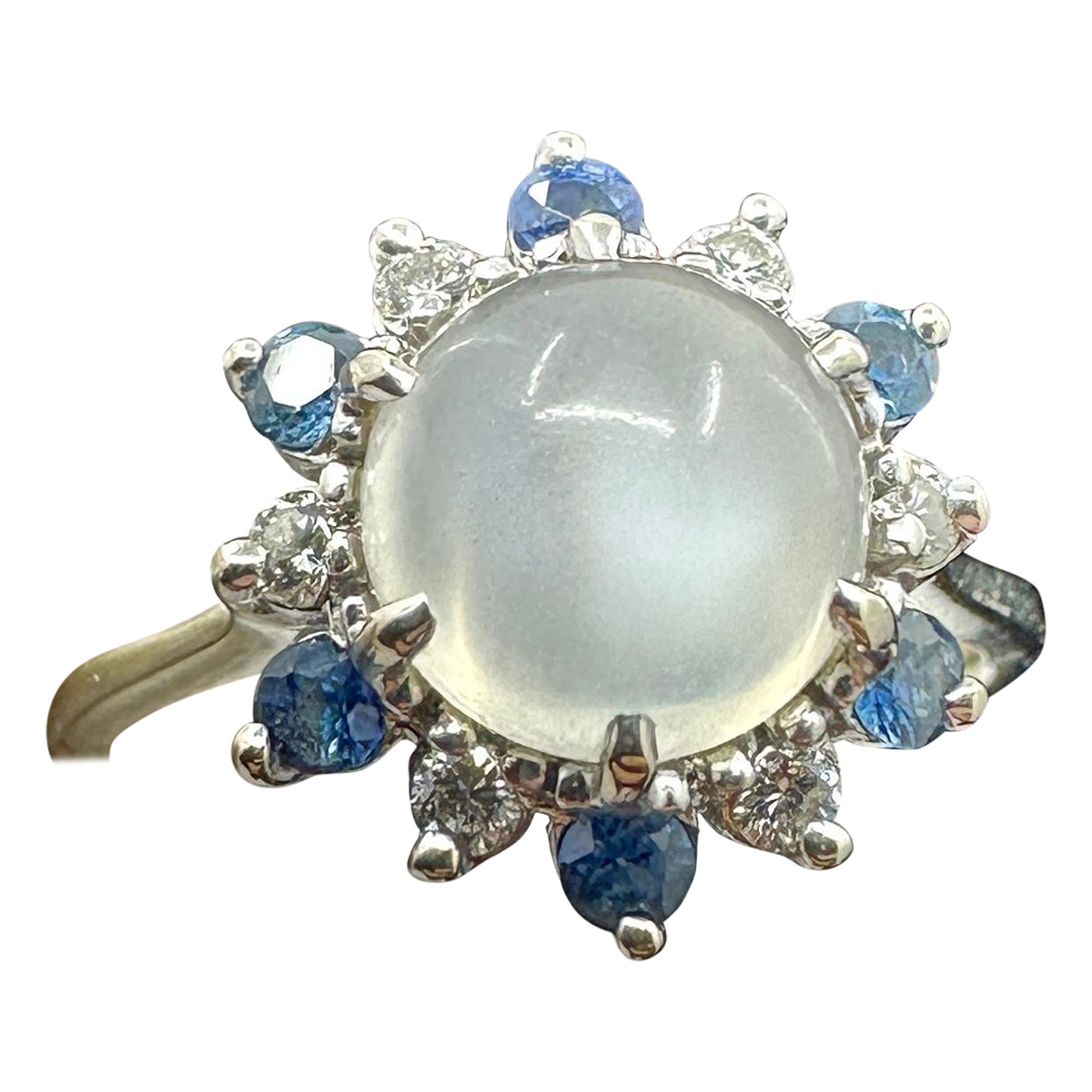 Art Deco Moonstone Sapphire Diamond Ring 14 Karat White Gold