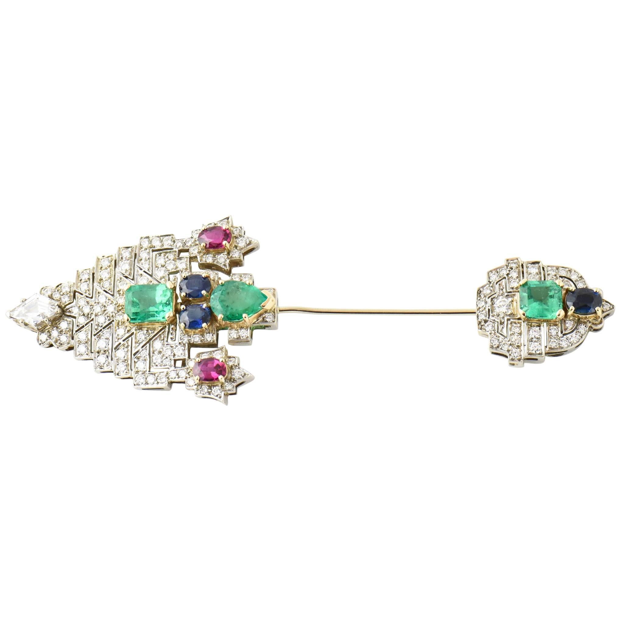 Emerald Ruby Sapphire Diamond Gold Jabot Pin Brooch