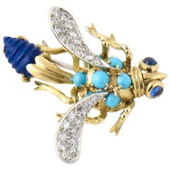 1970s Lapis Lazuli Turquoise Sapphire and Diamond Gold Bug Brooch