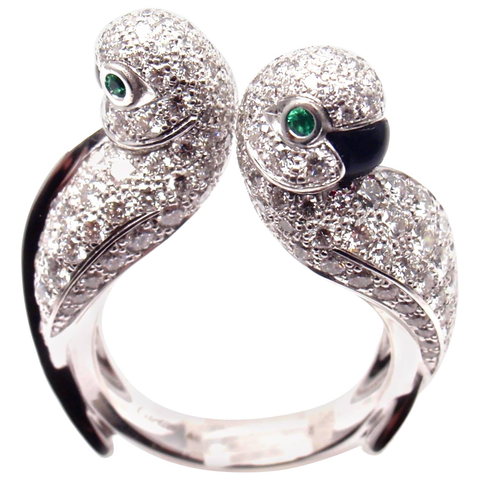 Cartier Les Oiseaux Libérés Diamond Emerald Onyx Love Birds White Gold Ring