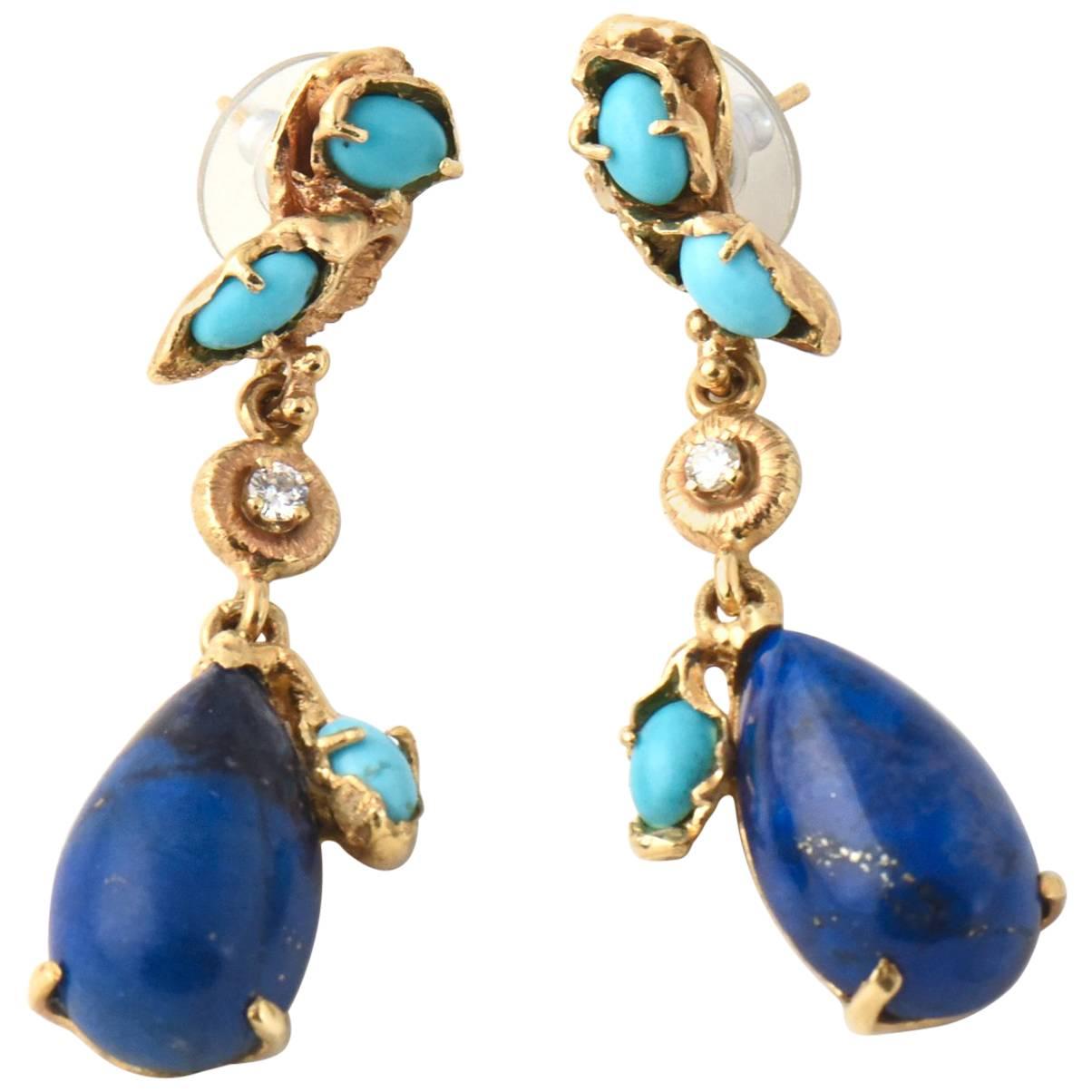 1970s Lapis Lazuli Turquoise Diamond Gold Drop Earrings