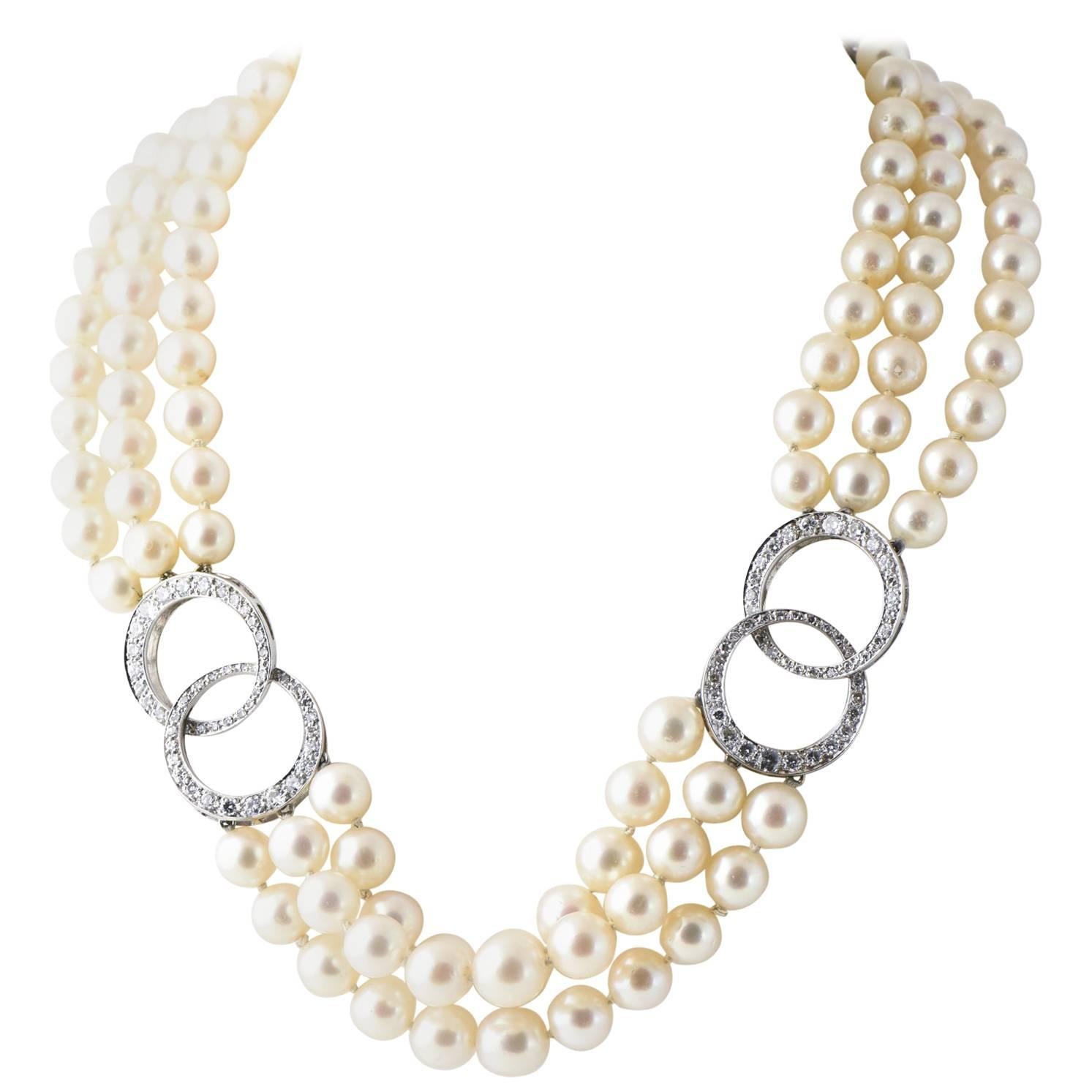 Adjustable Triple Stand Cultured Pearl Diamond White Gold Necklace