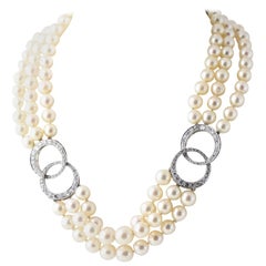 Adjustable Triple Stand Cultured Pearl Diamond White Gold Necklace