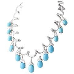 Red Carpet Glamorous Costume Diamond and Turquoise Garland Necklace