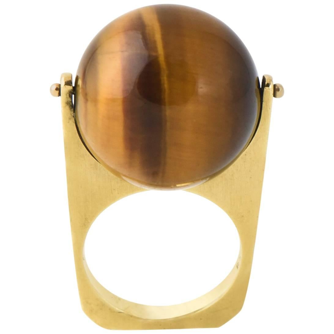 1960s R. Stone Spinning Tiger's Eye Ball Gold Ring