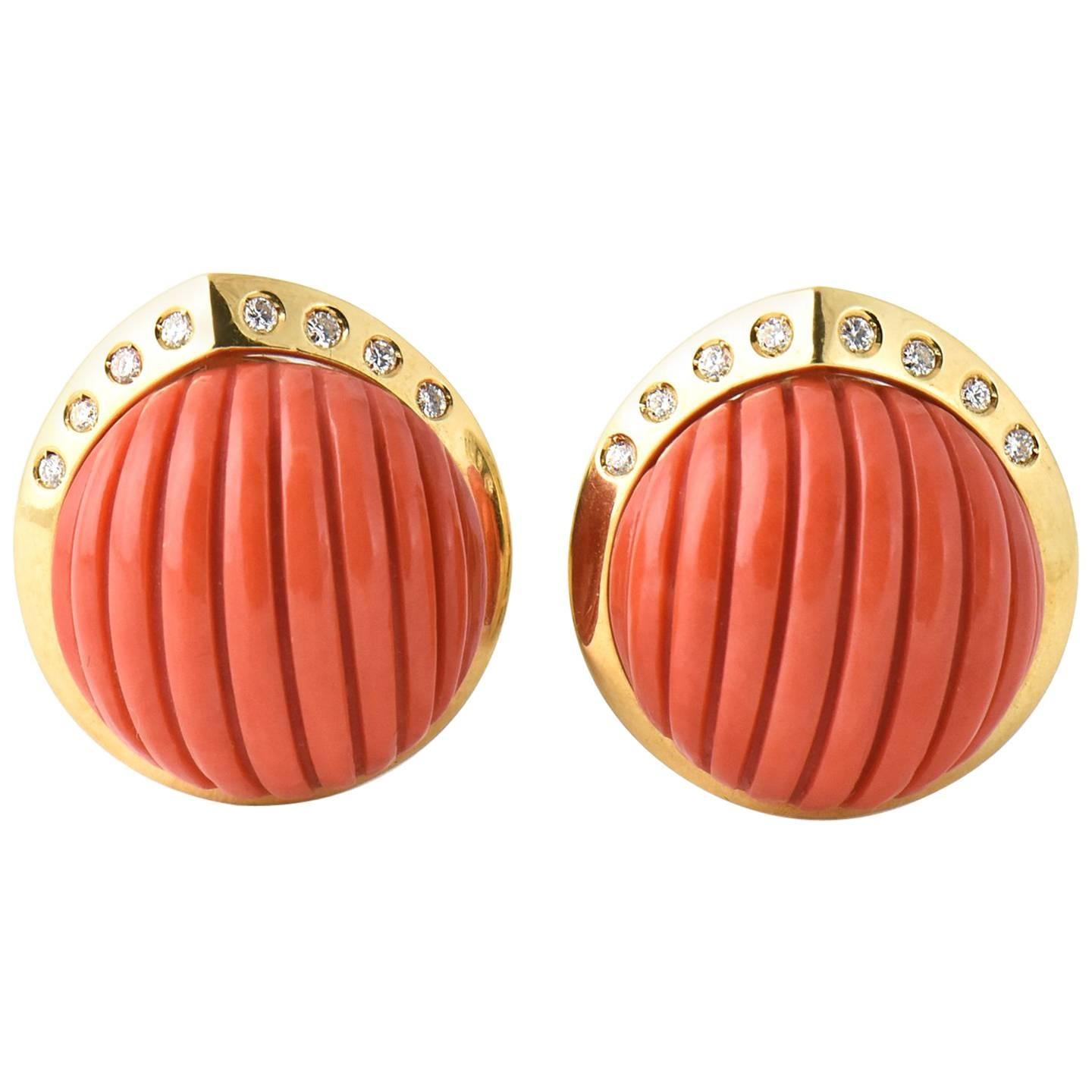 Carved Coral and Diamond Gold Earrings