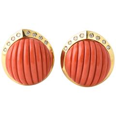 Carved Coral and Diamond Gold Earrings 1