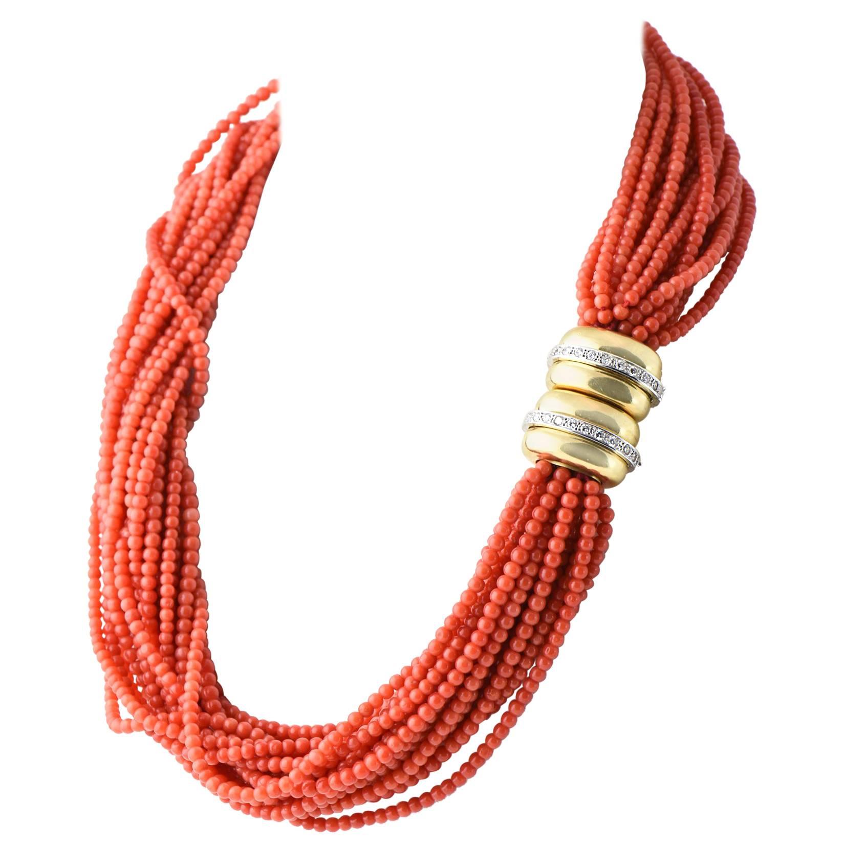 Multistrand Coral Bead Necklace with Diamond Gold Clasp Removable Enhancers