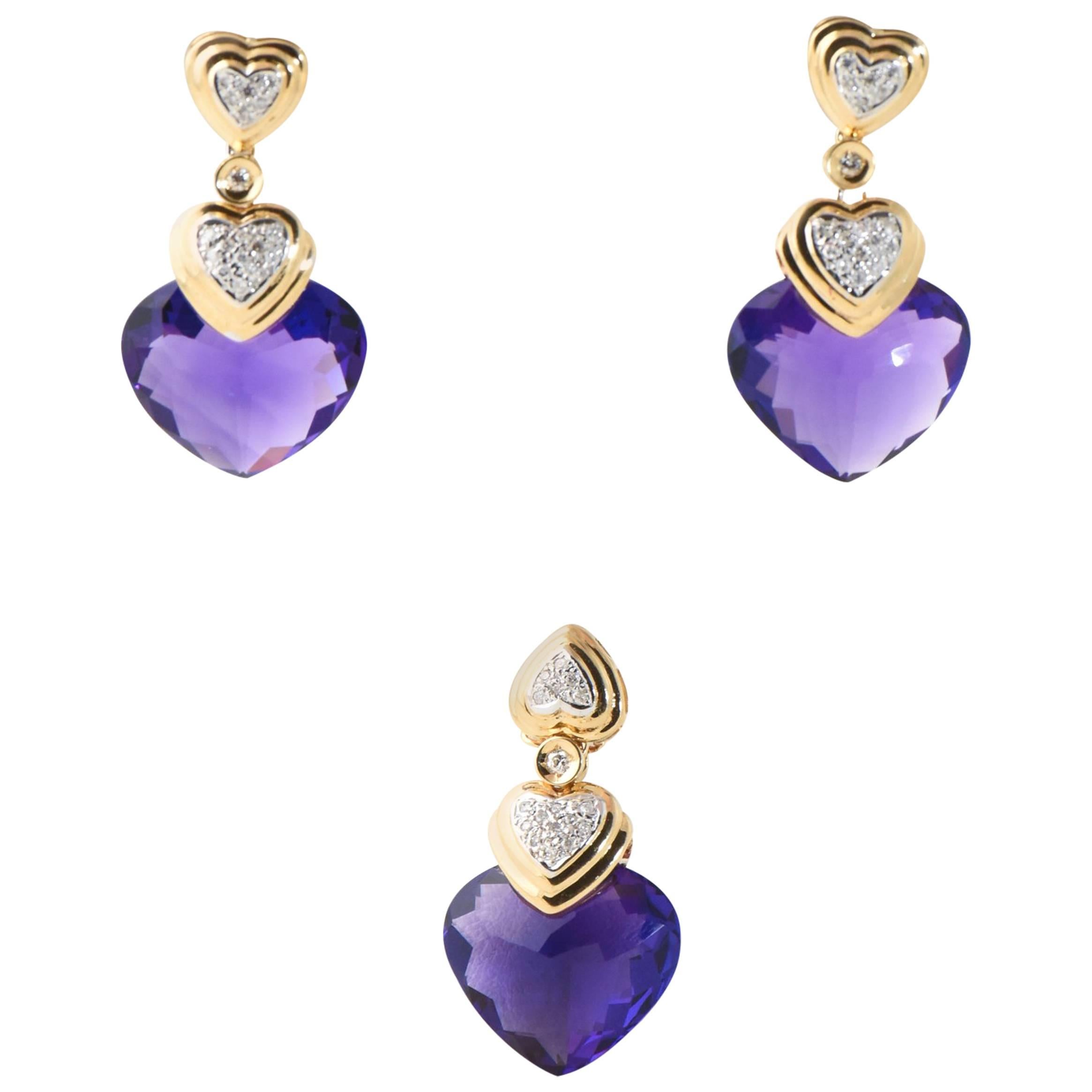 Amethyst Diamond Gold Drop Earrings and Matching Pendant Suite