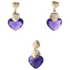 Amethyst Diamond Gold Drop Earrings and Matching Pendant Suite