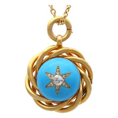 Ciondolo in oro giallo 18k con turchese da 16,68 carati e diamante da 0,47 carati Circa 1880