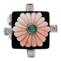 Coral, Emerald, Diamonds, Onyx, 14 Karat White Gold Ring.