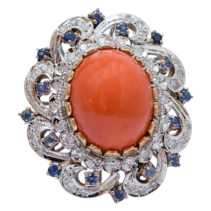 Coral, Sapphires, Diamonds, 14 Karat White Gold Ring.