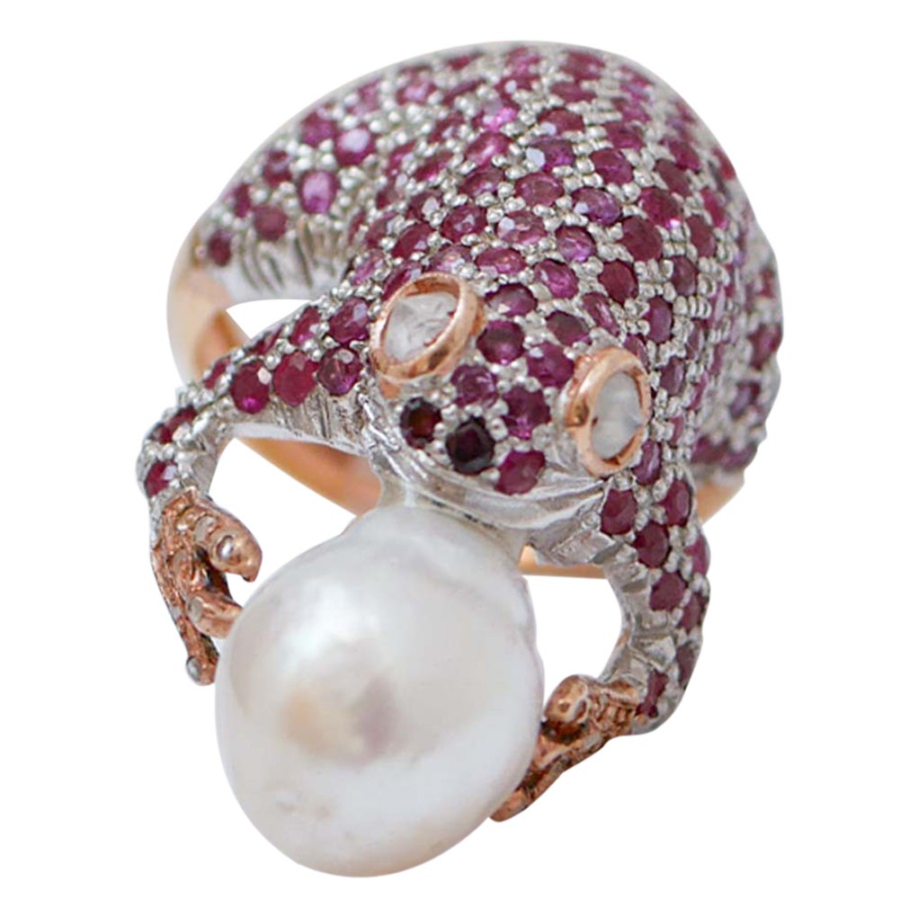 Diamonds, Rubies, Pearl, Rose Gold and Silver Frog Shape Ring
