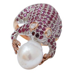 Diamonds, Rubies, Pearl, Rose Gold and Silver Frog Shape Ring