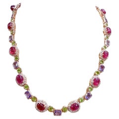 Bochic “Capri” Ruby, Amethyst, Peridot Necklace & Earrings Set 18K Gold & Silver