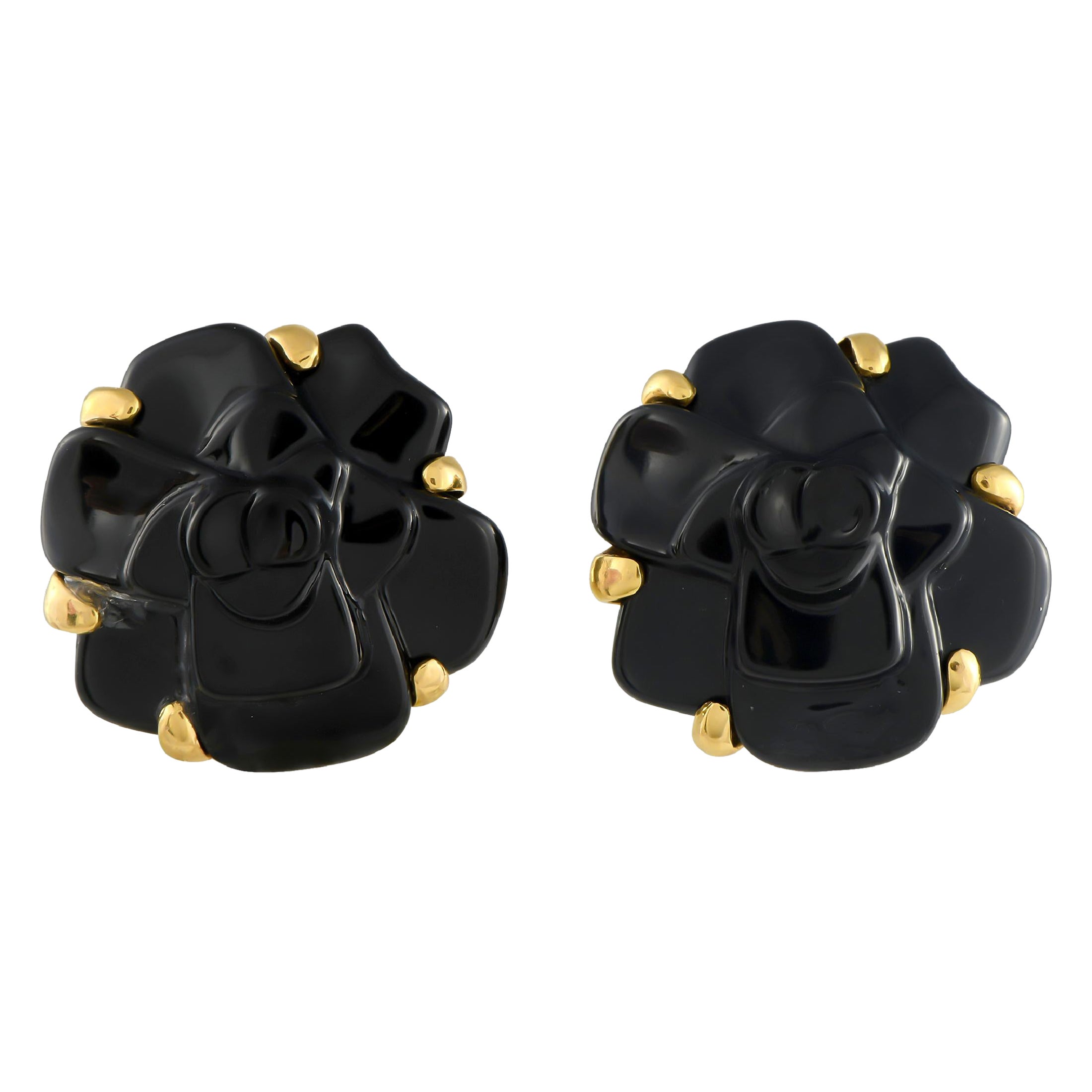 Chanel 18K Yellow Gold and Black Ceramic Camelia Earrings