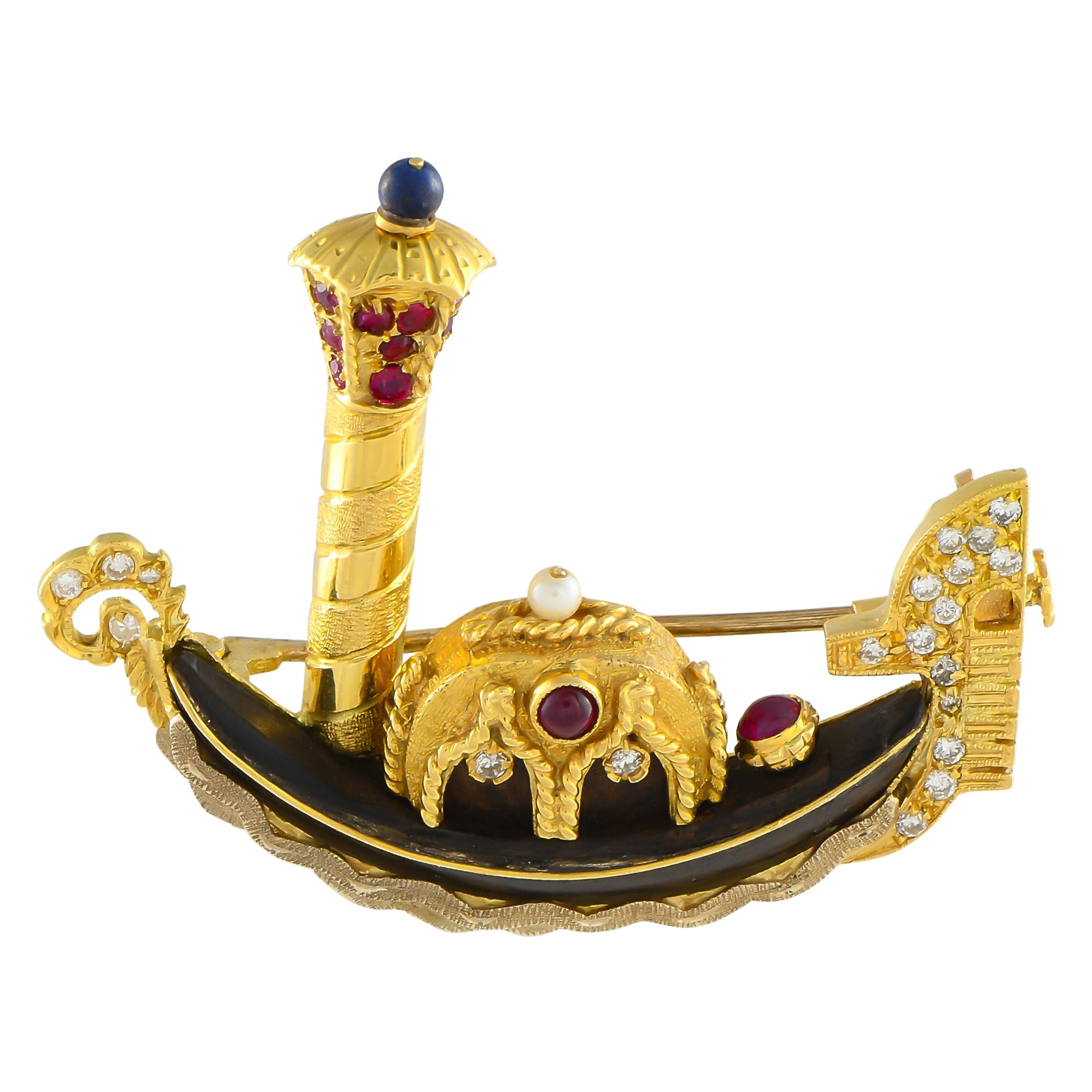 Broche Góndola Diamante, Zafiro y Rubí de Oro Amarillo de 18 K y Roble Bog
