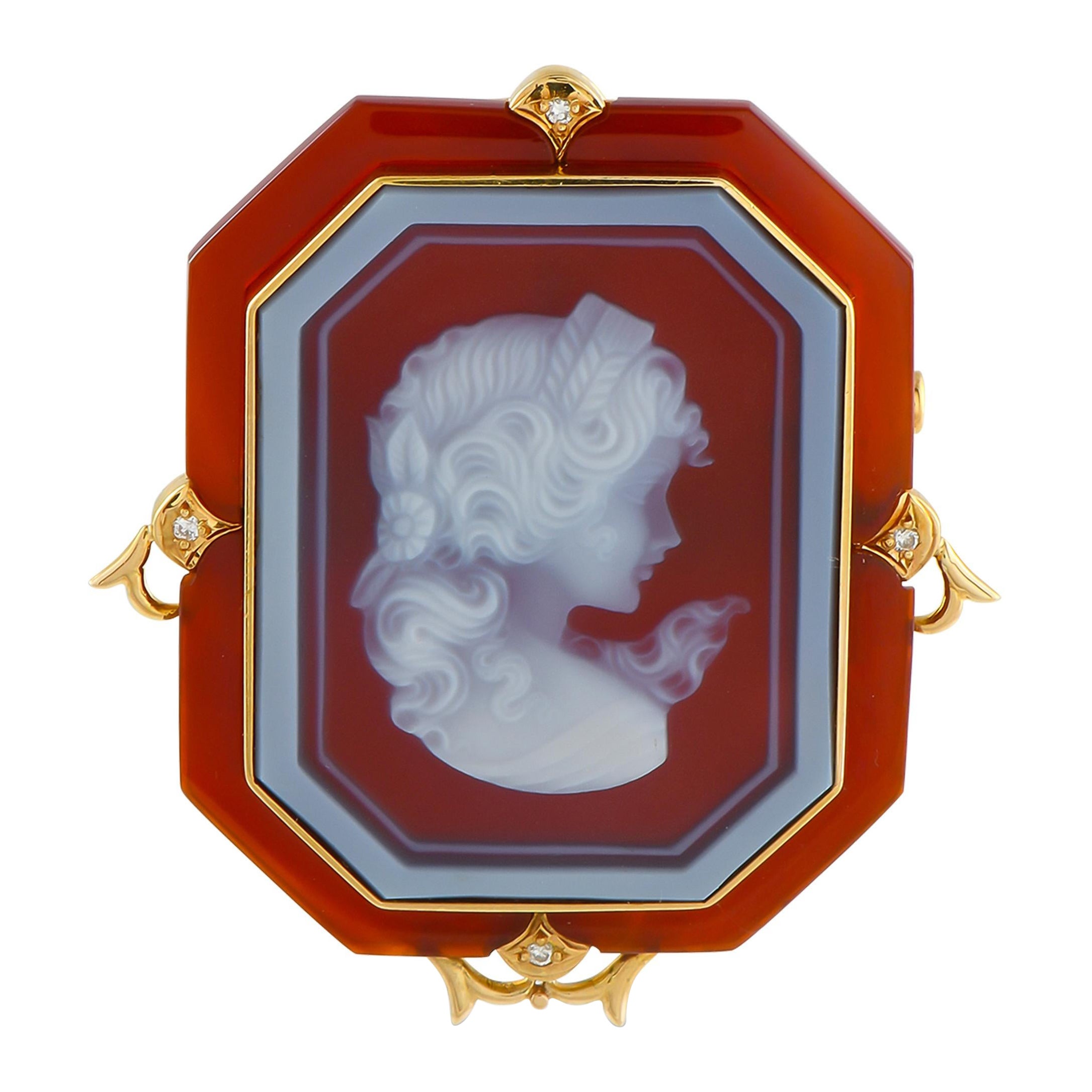 18K Yellow Gold Diamond and Carnelian Cameo Brooch