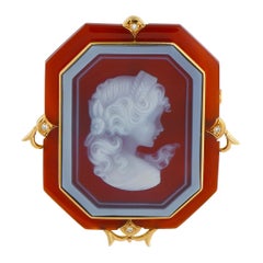 18K Yellow Gold Diamond and Carnelian Cameo Brooch