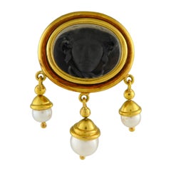Elizabeth Locke 18K Yellow Gold and Pearl Intaglio Medusa Brooch