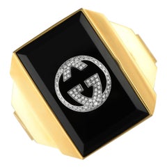 Gucci Vintage 18K Yellow Gold 0.70ct Diamond Onyx Limited Edition Cuff Bracelet