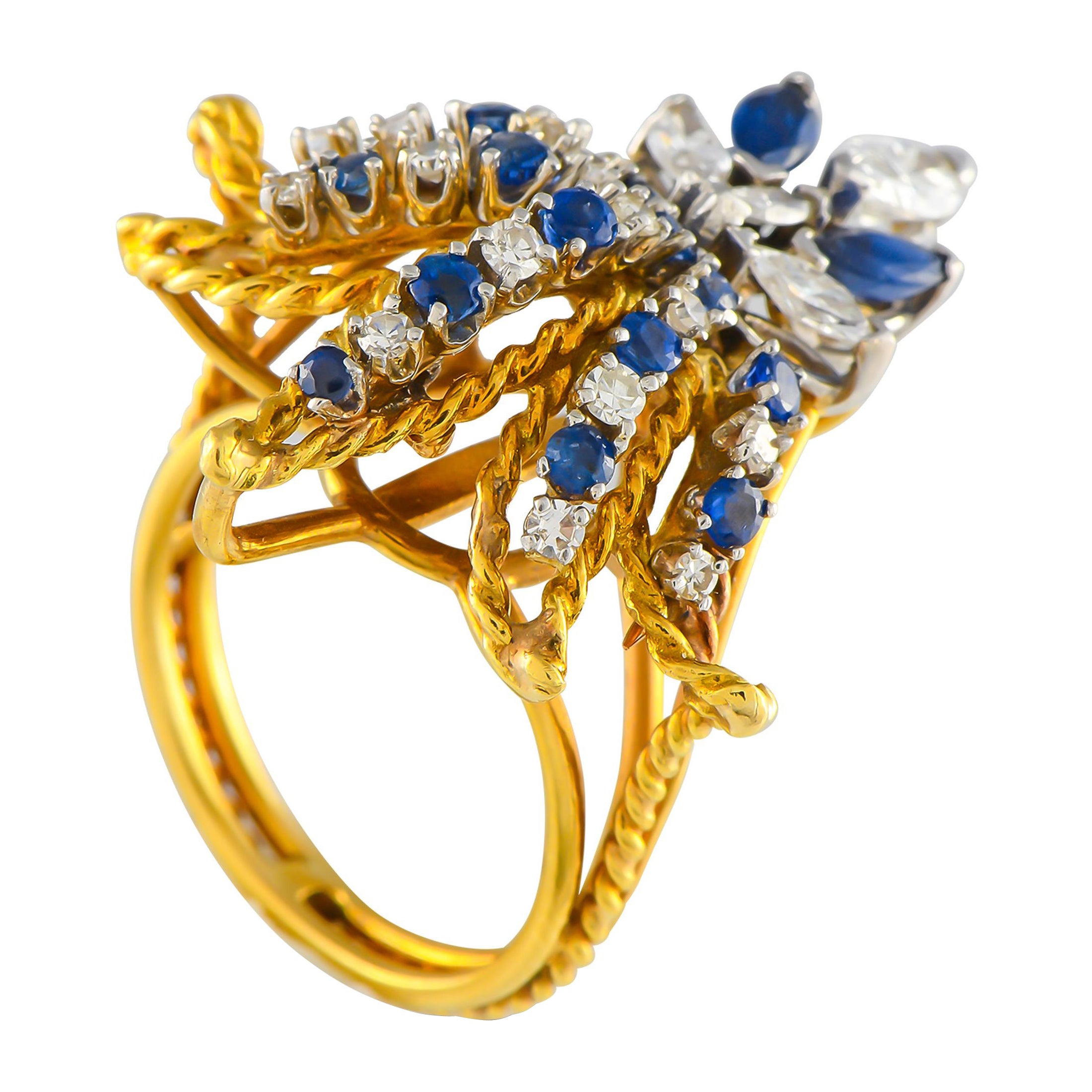 18K Yellow Gold 0.78ct Diamond and Sapphire Fleur de Lis Ring