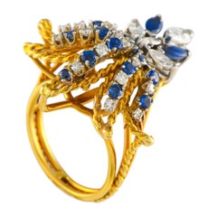 18K Yellow Gold 0.78ct Diamond and Sapphire Fleur de Lis Ring