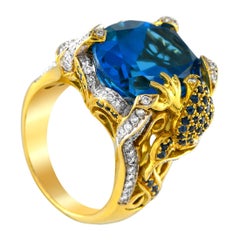 18K Yellow Gold 1.07ct Diamond, Topaz, and Sapphire Frog Ring