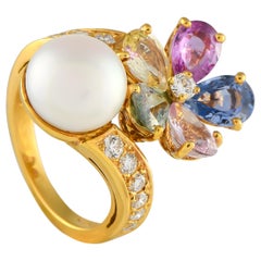 18K Yellow Gold 0.60ct Diamond, Sapphire, and Pearl Ring
