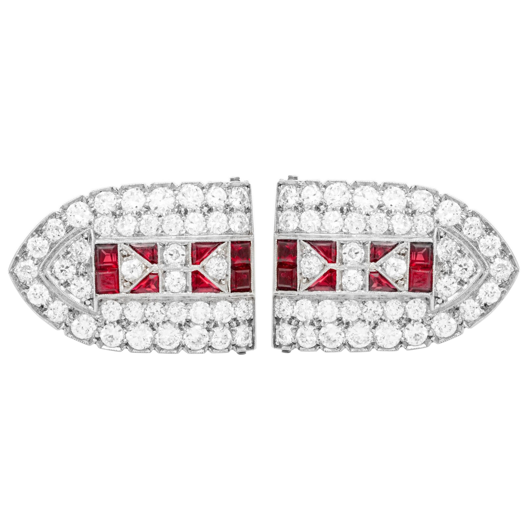 Antique Art Deco 1920s 10.00 Carat Diamond & Ruby Double Clips