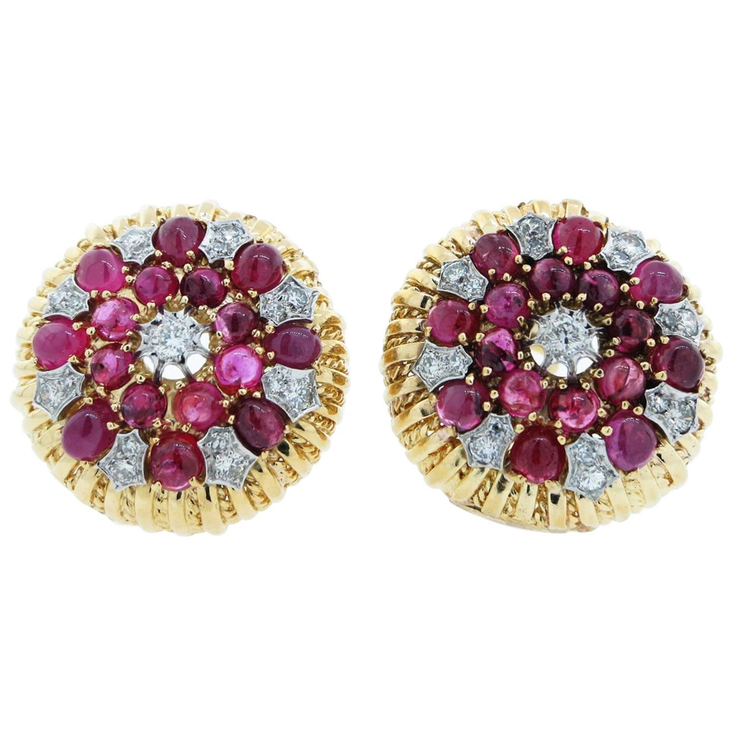 Cabochon Ruby Diamond Two Color Gold Earrings For Sale