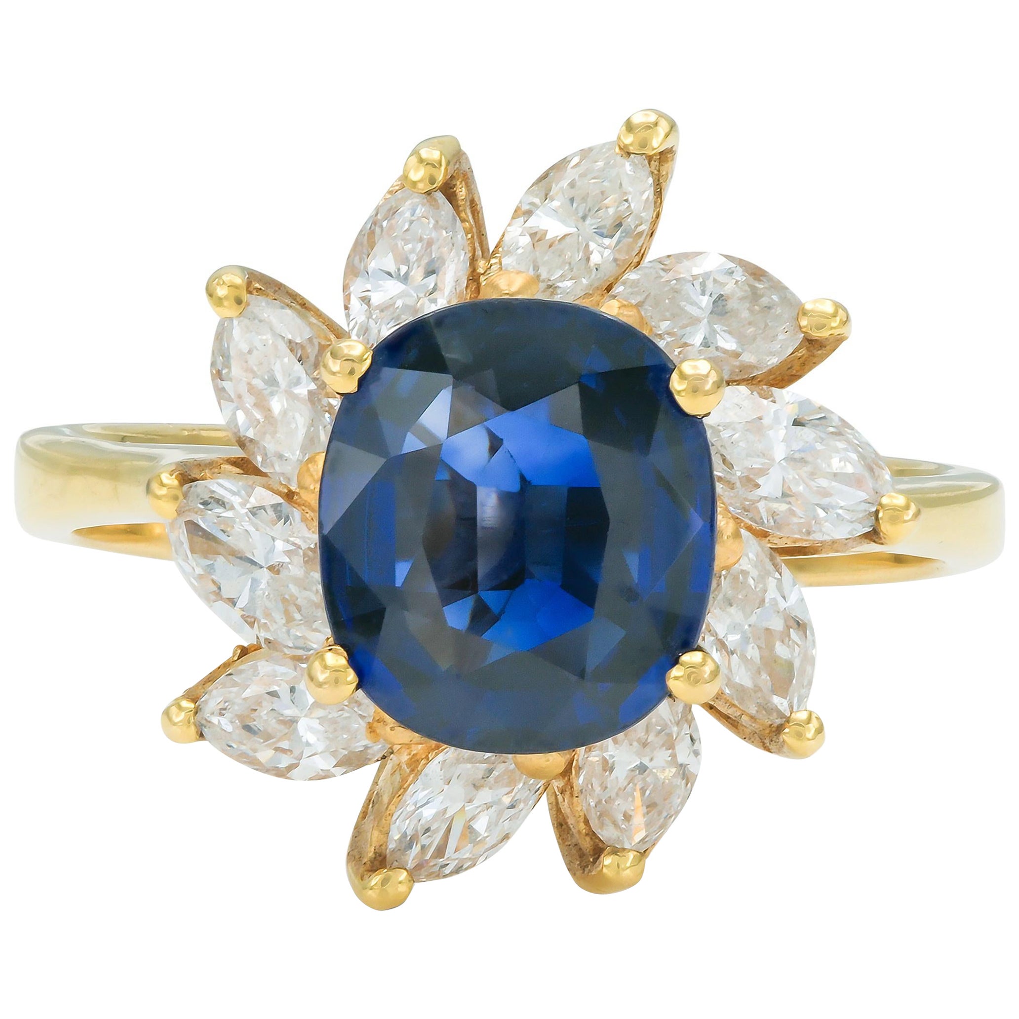 Bague vintage des années 1980 avec saphir taille ovale de 2,54 carats et diamants marquises de 1,16 carat
