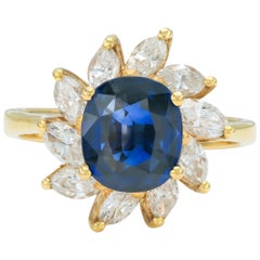 Anello vintage anni '80 con zaffiro ovale da 2,54 carati e diamanti marquise da 1,16 carati