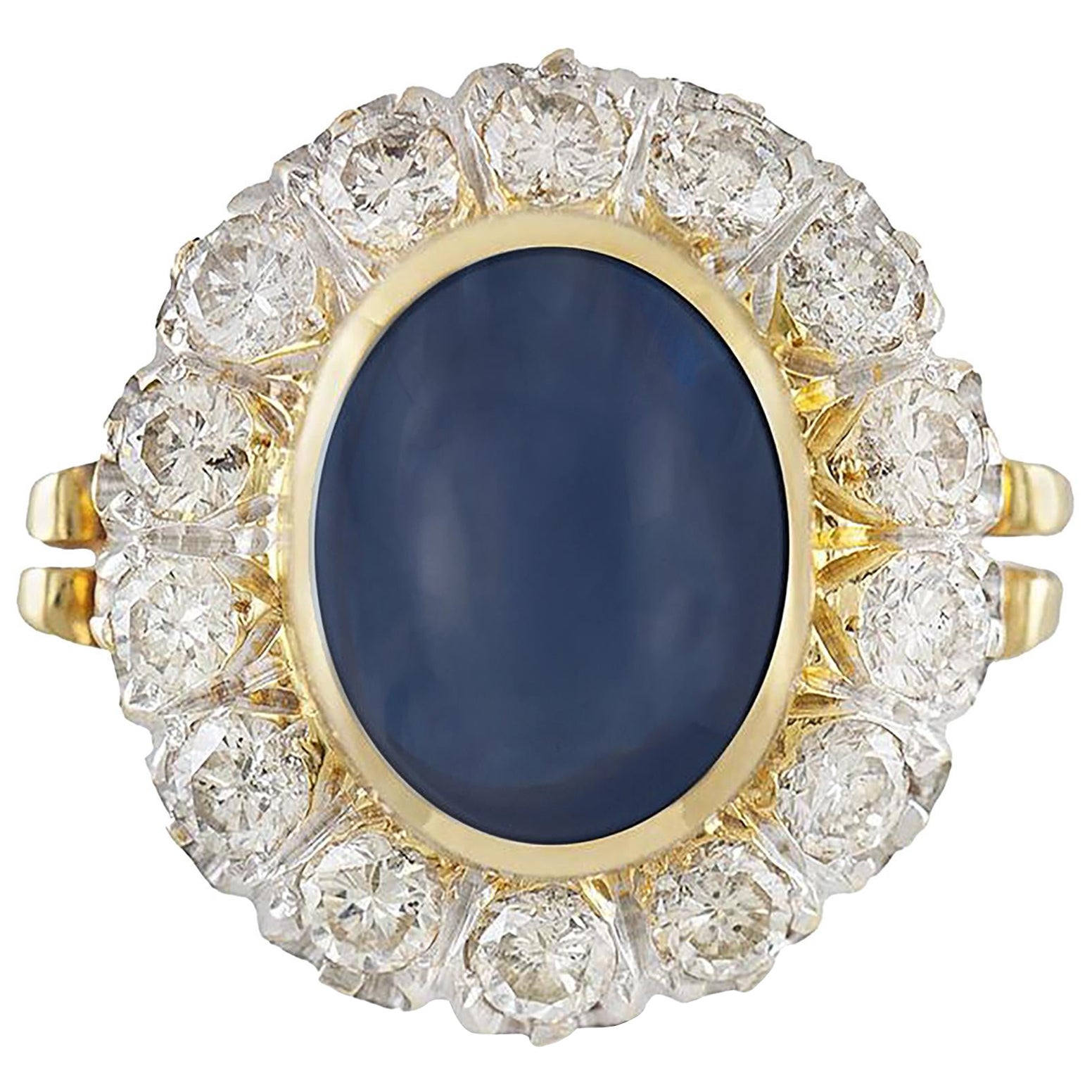 Bague Vintage 1950s 3.00 Carat Cabochon Saphir et 1.20 Carat Diamants