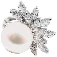 1960s Diamond South Sea Pearl Platinum Cocktail Ring 12