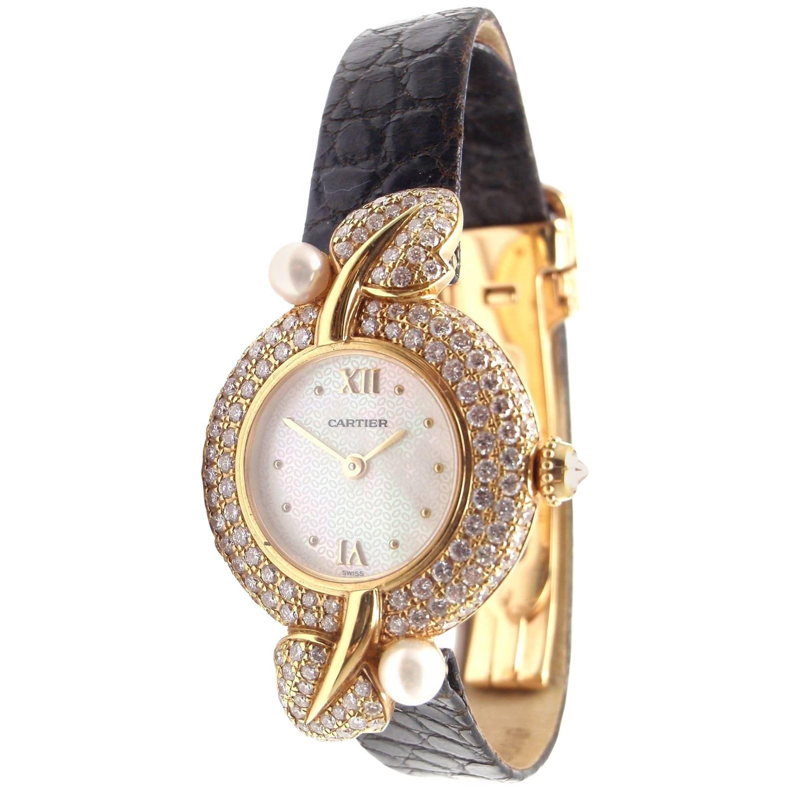 Cartier Ladies Yellow Gold Diamond Pearl Quartz Wristwatch