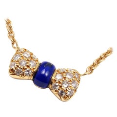 Vintage Van Cleef & Arpels Diamond Lapis Lazuli Bow Yellow Gold Pendant Necklace