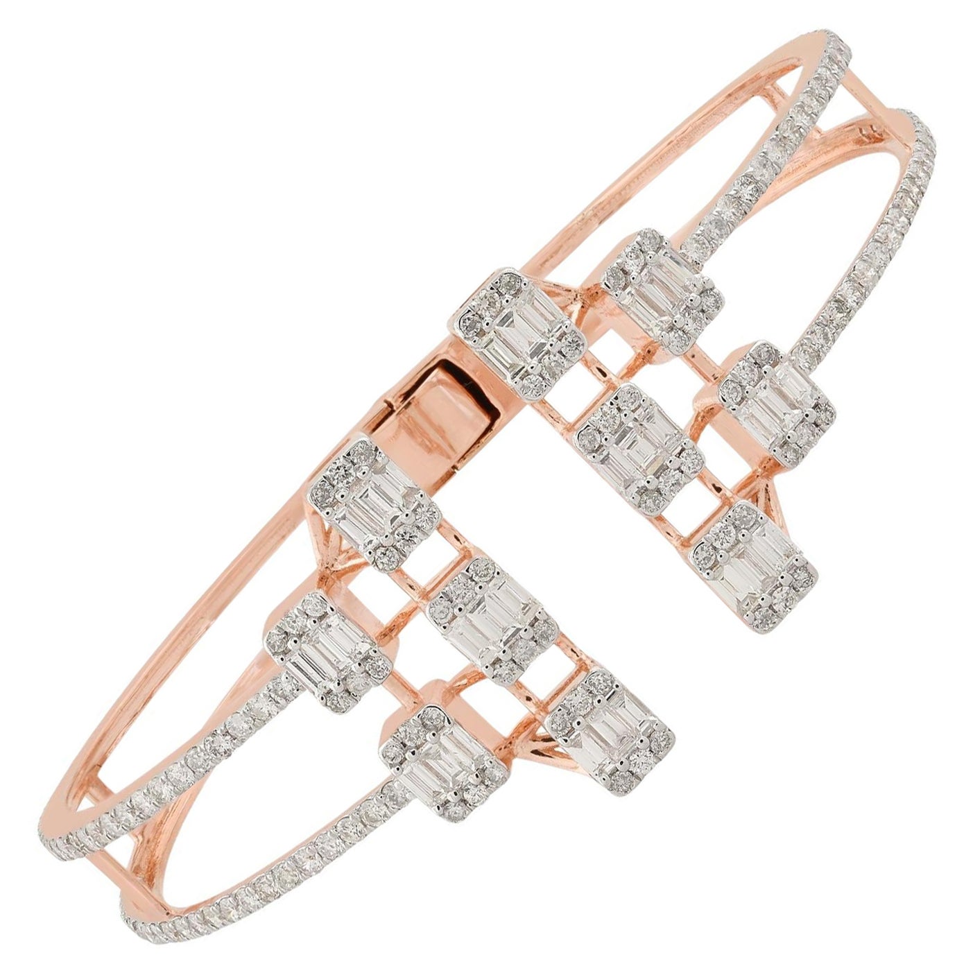 3 Carat SI Clarity HI Color Baguette Diamond Cuff Bangle Bracelet 18k Rose Gold