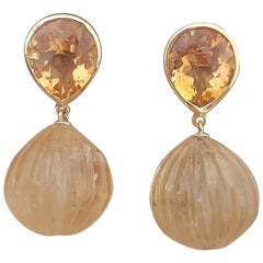 Citrine  Faceted Pear Shape Carved Citrine Round  Drops 14k Solid Yellow Gold
