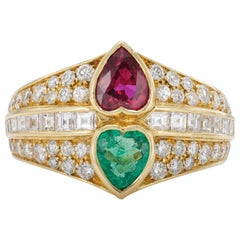 Anello vintage anni '80 con rubino da 1,00 carati e smeraldo da 0,90 carati con diamanti